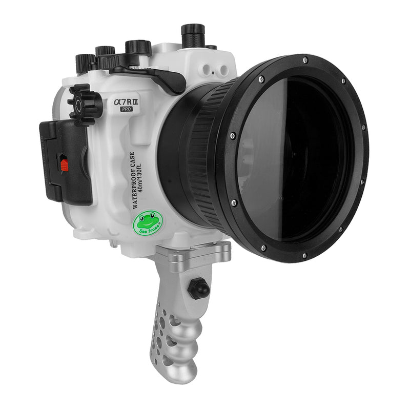 Sony A7 III PRO V.3 Series 40M/130FT Underwater camera housing with Aluminium Pistol Grip (Standard port) Zoom ring for FE16-35 F4.White