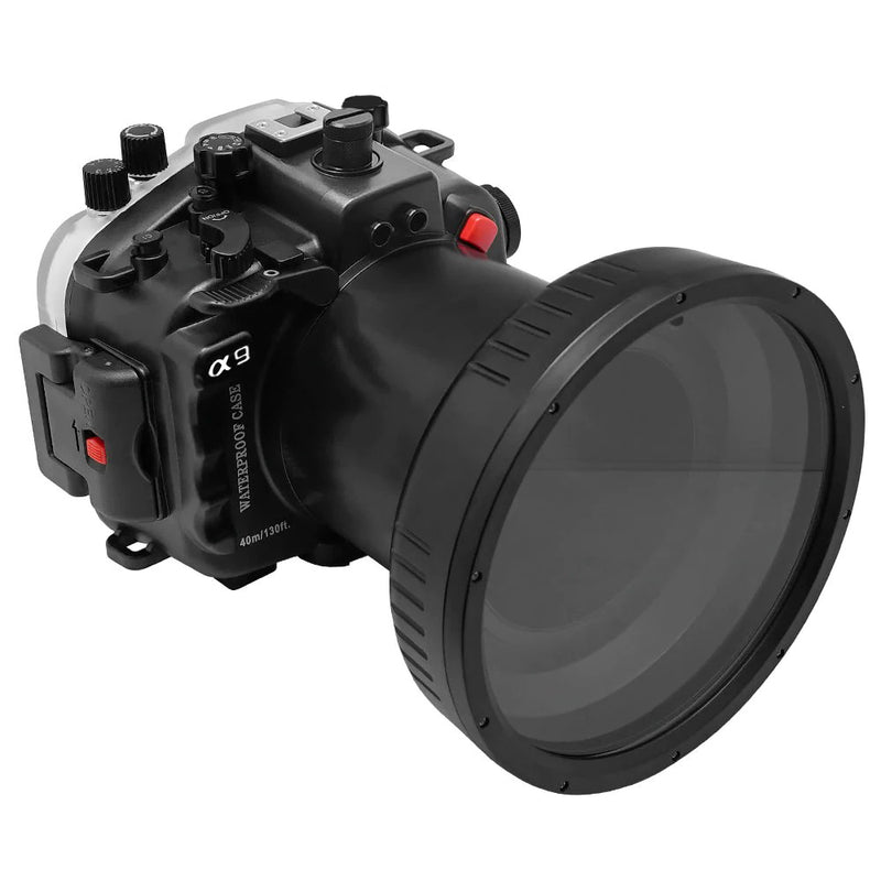 Sony A9 V.3 series 40M/130FT UW camera housing with 6" Optical Glass Flat Long Port for Sony SONY FE24-70 F2.8 GM II (without standard port).Black