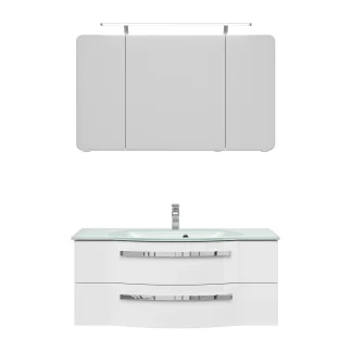 Pelipal Badmöbel-Set 4005 Lack polarweiß Hgl mit Glas-Waschtisch + LED-Leuchte 120 cm
