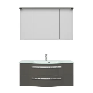 Pelipal Badmöbel-Set 4005 Lack steingrau Hgl mit Glas-Waschtisch + Kranz-Leuchte 120 cm