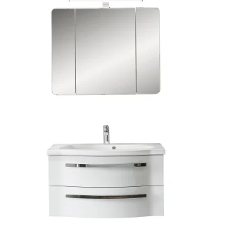 Pelipal Badmöbel-Set 4005 Lack polarweiß Hgl mit Mineralmarmor-Waschtisch + LED-Leuchte 92 cm