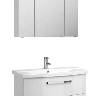 Pelipal Badmöbel-Set 4010 Weiß Hgl/Weiß Glanz mit Keramik-Waschtisch + LED-Leuchte 84 cm