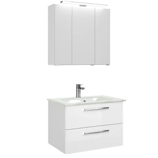 Pelipal Badmöbel-Set Trentino Weiß Hgl/Weiß Glanz mit Glas-Waschtisch + LED-Aufsatzleuchte 77 cm