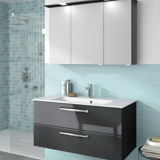 Pelipal Badmöbel-Set Trentino Anthrazit Hgl mit Mineralmarmor-Waschtisch + Kranz-Leuchte 107 cm