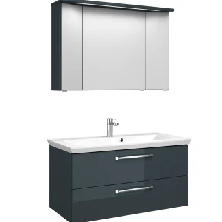 Pelipal Badmöbel-Set Trentino Anthrazit Hgl mit Mineralmarmor-Waschtisch + 3D-Spiegelschrank 110 cm