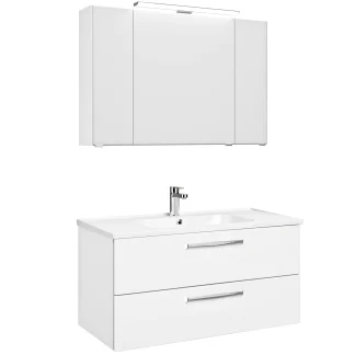 Pelipal Badmöbel-Set Trentino Weiß Hgl/Weiß Glanz mit Keramik-Waschtisch + LED-Leuchte 109 cm
