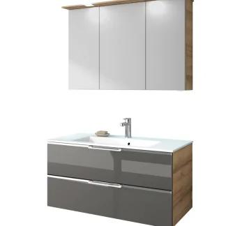 Pelipal Badmöbel-Set Trentino Glas grau/Riviera Eiche quer mit Keramik-Waschtisch 109 cm
