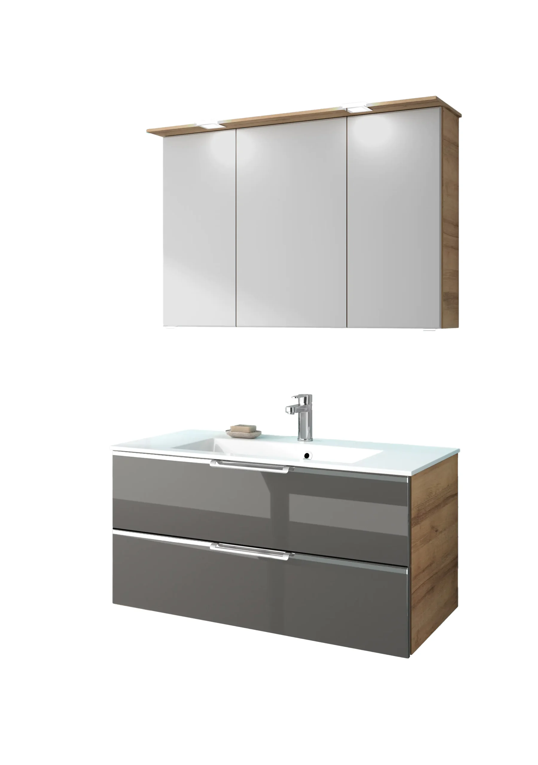 Pelipal Badmöbel-Set Trentino Glas grau/Riviera Eiche quer mit Keramik-Waschtisch 109 cm