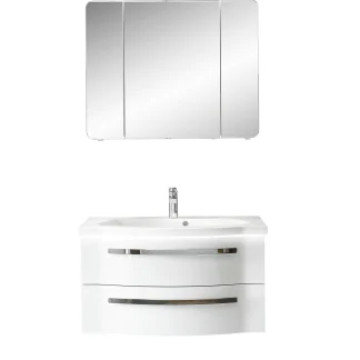 Pelipal Badmöbel-Set 4005 Lack polarweiß Hgl mit Leuchtfuge + LED-Aufsatzleuchte 92cm