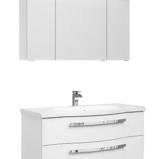 Pelipal Badmöbel-Set 4005 Lack polarweiß Hgl mit Mineralmarmor-Waschtisch+Kranz-Leuchte 120 cm