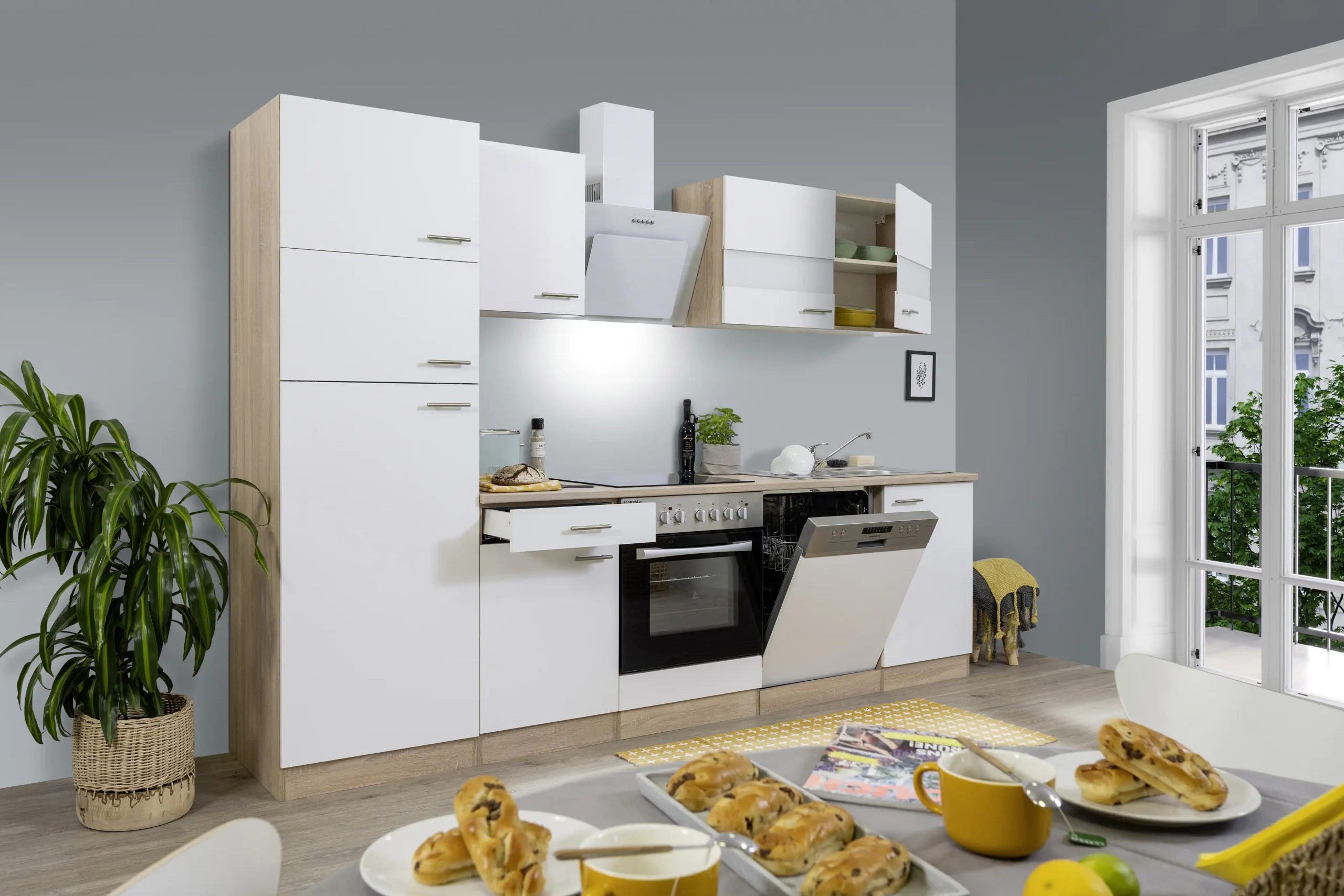 Respekta Economy Küchenblock 280 cm weiß, Eiche Sonoma, KB280ESWCGKE