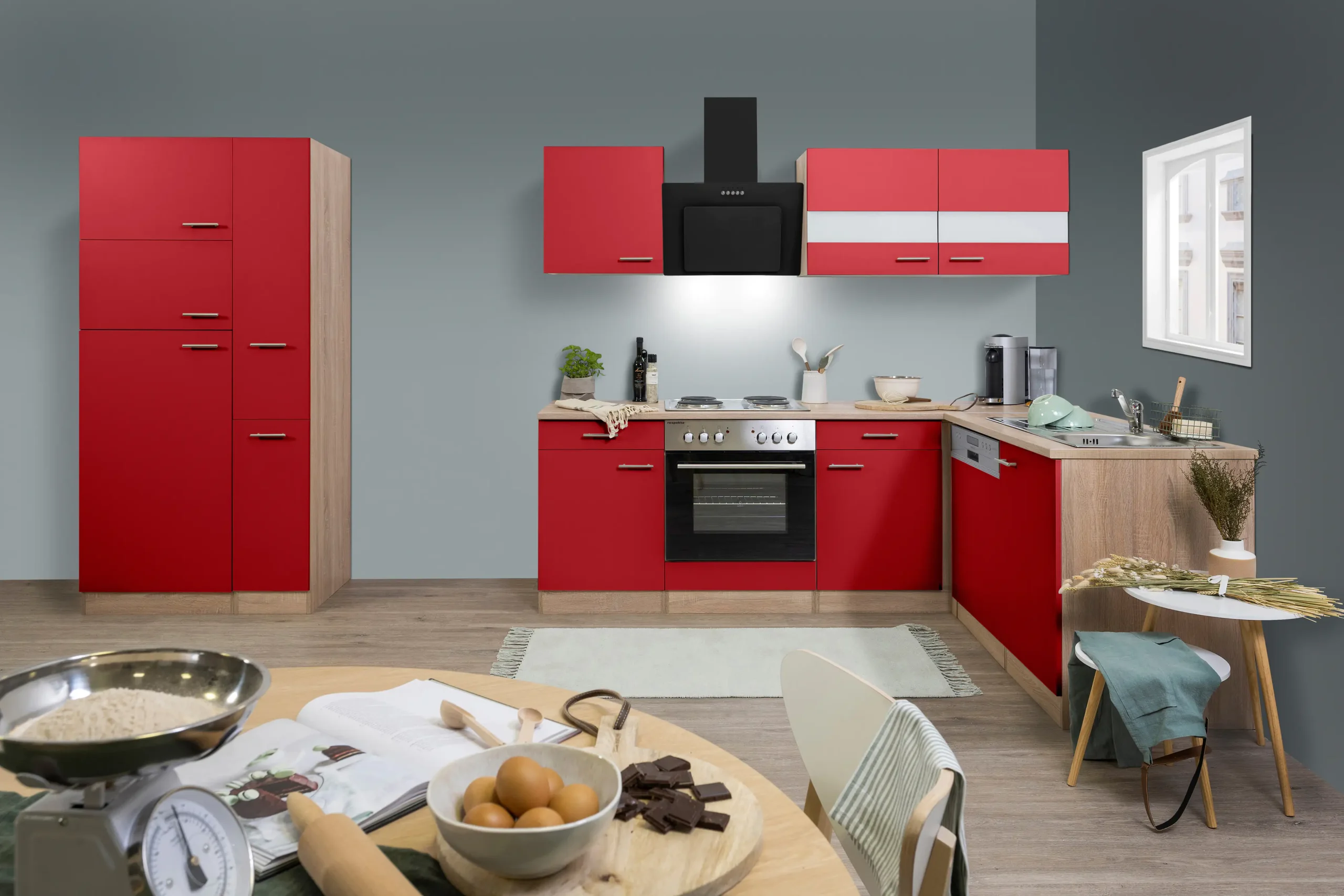 Respekta Economy L-Küchenzeile 310 x 172 cm rot, Eiche Sonoma, KBL310ESRS