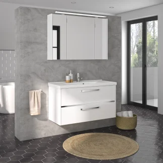 Primaster Badmöbel-Set Berlin weiß 105 cm LED-Leuchten, Mineralgusswaschtisch