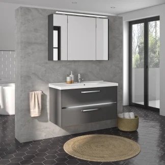 Primaster Badmöbel-Set Berlin grau 105 cm LED-Leuchten, Mineralgusswaschtisch