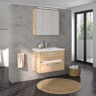 Primaster Badmöbelset Berlin eiche 77 cm LED-Leuchten, Mineralgusswaschtisch