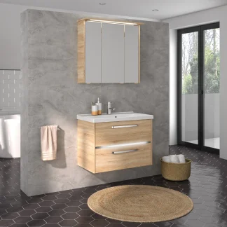 Primaster Badmöbelset Berlin eiche 77 cm Twin LED, Mineralgusswaschtisch