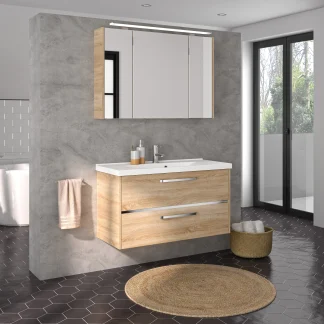 Primaster Badmöbelset Berlin eiche 105 cm LED-Leuchten, Mineralgusswaschtisch