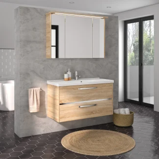 Primaster Badmöbelset Berlin eiche 105 cm Twin LED, Mineralgusswaschtisch
