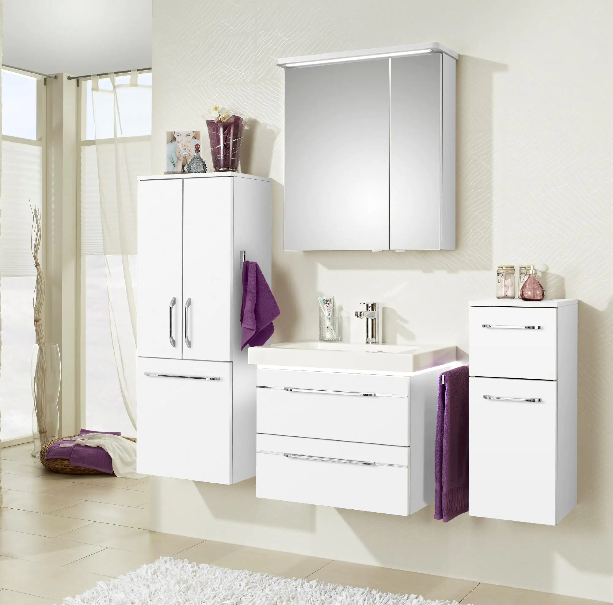 Pelipal Badmöbel-Set Balto Weiß Hgl/Weiß Glanz mit Unterschrank und Midischrank 141 cm