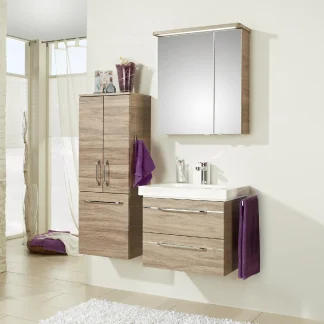 Pelipal Badmöbel-Set Balto Sanremo Eiche mit Mineralmarmor-Waschtisch + Midischrank 111 cm