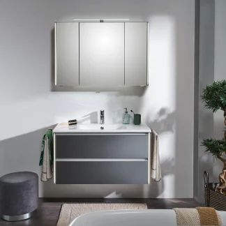 Pelipal Badmöbel-Set 6040 Stahlgrau/Eiche Ribbeck mit Mineralmarmor-Waschtisch + LED-Profil 103 cm