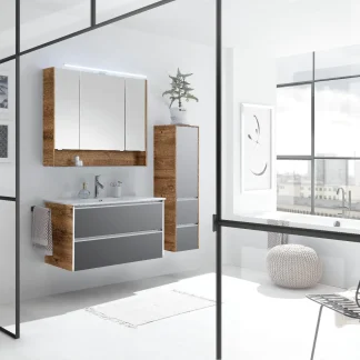 Pelipal Badmöbel-Set 6040 Oxid Hellgrau quer mit Waschplatzbeleuchtung + Midischrank 101 cm