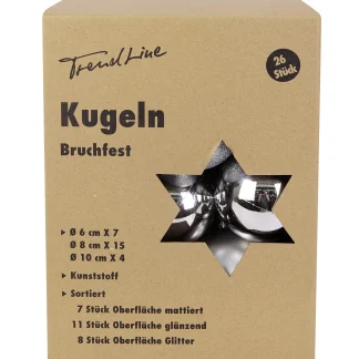 TrendLine Weihnachtskugeln bruchfest Ø 6, 8 10 cm silber 26 Stück