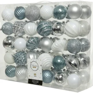 Kaemingk Weihnachtskugeln Ø 7 cm bruchfest weiß, silber,blau - 60 Stück