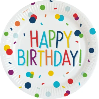 Papierteller Confetti Birthday Happy Birthday, 8 Stück, rund 23 cm