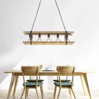 Leuchten Direkt 5er Pendelleuchte Edith holz-metall 92 x 23,5 cm E27 40W