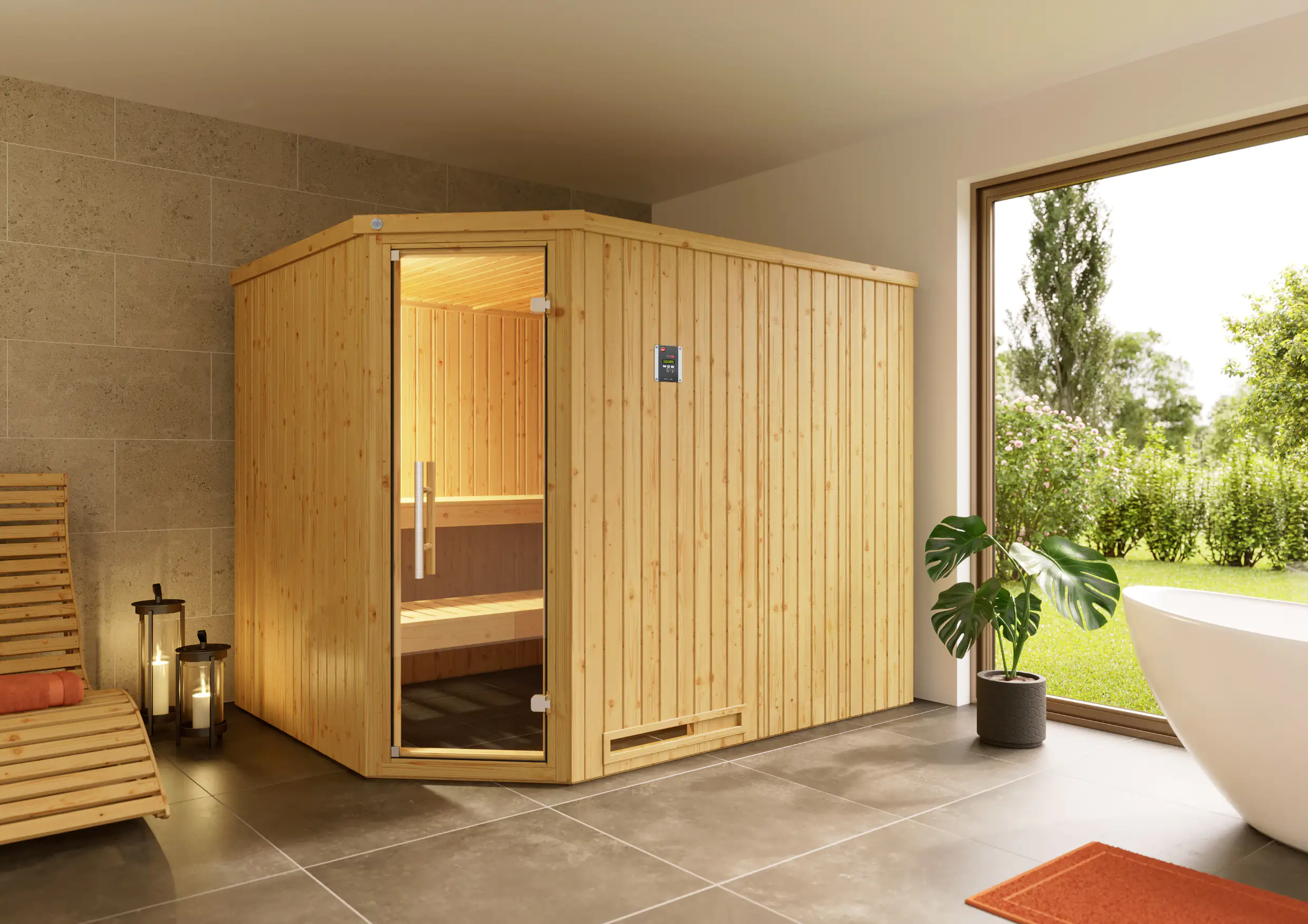 Weka Element-Ecksauna Varberg 4 GT mit Massivholztür