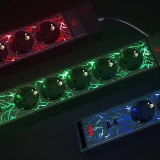 REV Gaming LED Steckdosenleiste 5fach 1,4 m mit 2 USB-Ports, Farbwechsel