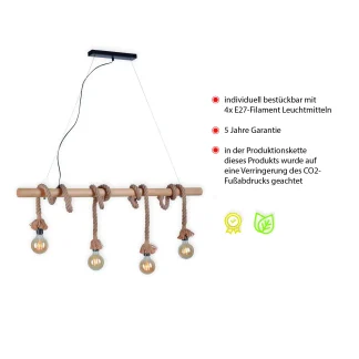 Leuchten Direkt 4er Pendelleuchte Rope schwarz-natur 100 x 7 cm E27 15 W