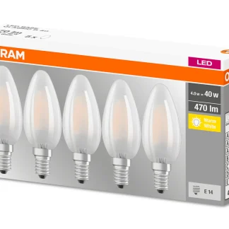 Osram LED Kerzenlampe Base Classic B40 E14 4W 5er Pack warmweiß, weiß matt