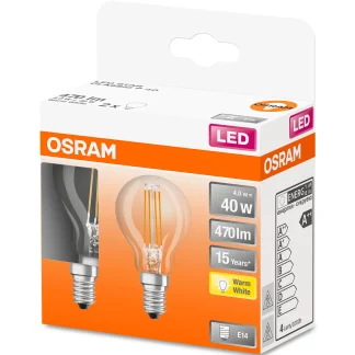 Osram LED Leuchtmittel Retrofit CL P 40 E14 4W 2er Pack warmweiß, klar