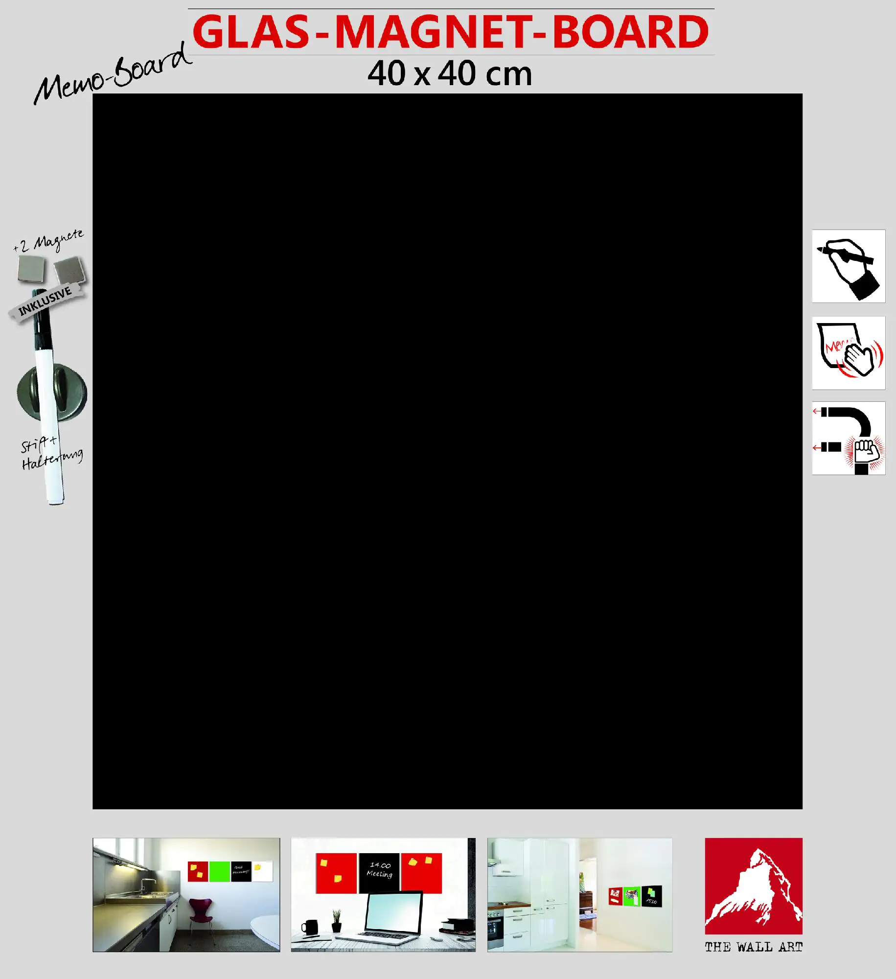 Glas-Magnetboard schwarz, 40 x 40 cm