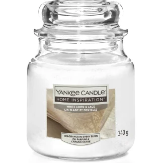 Yankee Candle Duftkerze Mittleres Glas White Linen & Lace 340 g, weiß