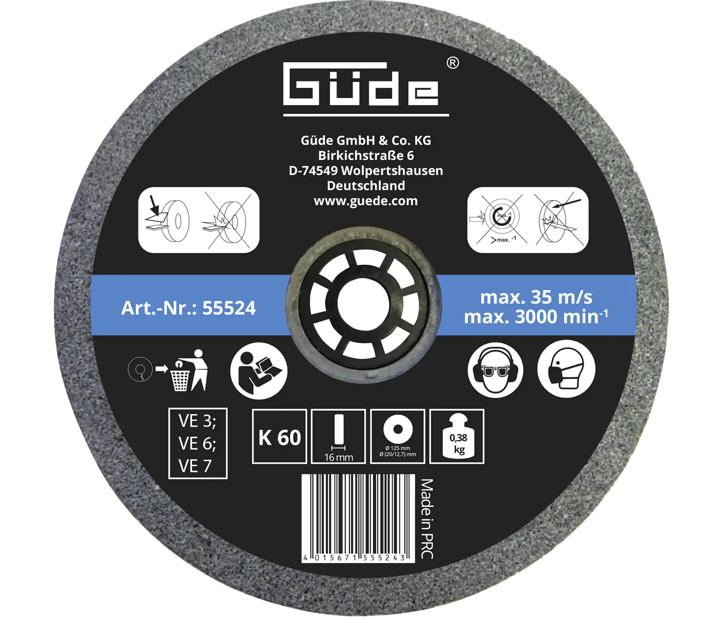 Güde Schleifscheibe K 60 125 x 16 x 20 mm