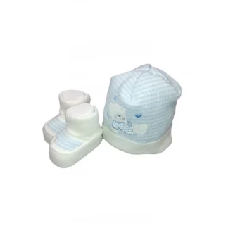 Set 2pz cappello cappellino scarpine lana La Rocca bimbo neonato bianco cielo TU