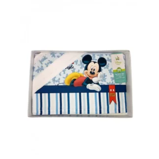 Disney Baby Completo Lenzuolo Lettino Topolino In Cotone Colore Bianco/ Blu 3 Pezzi
