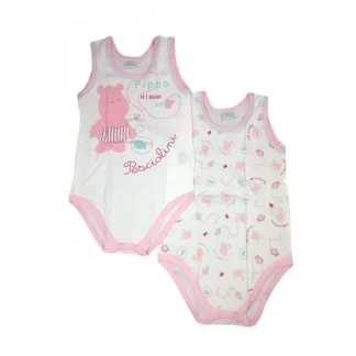 Bi-pack body intimo bimba neonato senza manica Ellepi bianco rosa 24 m