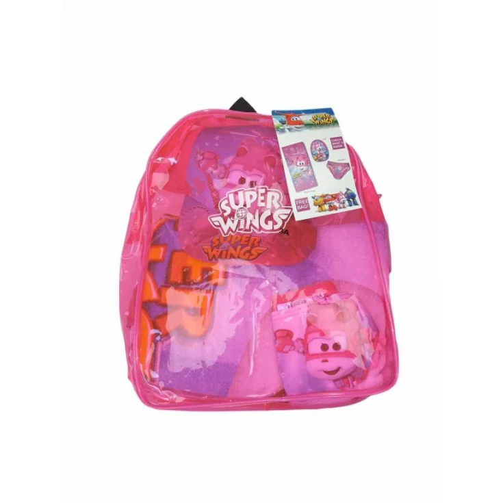 Set mare zaino telo cappello costumino slip costume da bagno bimba bambina Super Wings fucsia 8A