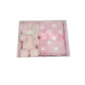 Set 2pz confezione regalo copertina coperta culla carrozzina pois con peluche bimba neonato T&R rosa TU