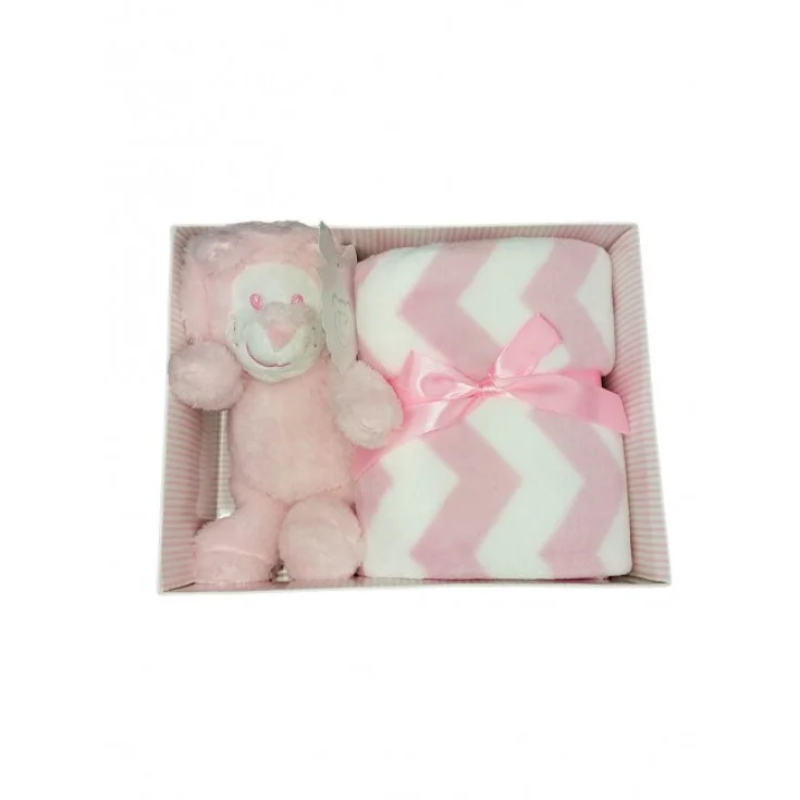 Set 2pz confezione regalo copertina coperta culla carrozzina righe con peluche bimba neonato T&R rosa TU