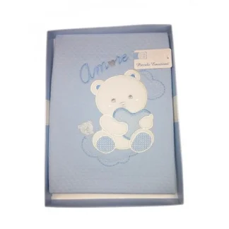 Copertina coperta culla carrozzina bimbo neonato ricamo orsetto amore T&R celeste TU