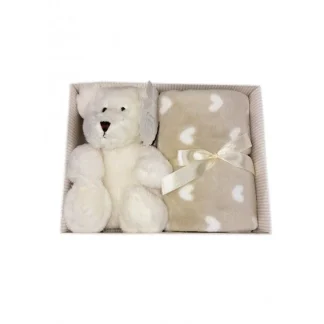 Set 2pz confezione regalo copertina coperta culla carrozzina cuori con peluche bimbo bimba neonato T&R panna beige stelle TU