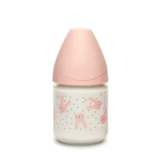 HYGGE Biberon di vetro Tettarella rotonda flusso lento 120ml (coniglio pois rosa) Suavinex