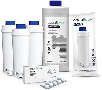 Aquafloow All-round care set for fully automatic coffee machines, compatible with Delonghi, 3 x water filters compatible with DLSC002, cleaning tablets, 10 x 2 g, cleaning brush, 8 x descaling tablets