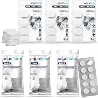 Aquafloow Descaling Tablets for Fully Automatic Coffee Machines, Coffee Machines and Kettles, Compatible with All Machines, Pack of 3 Coffee Degreaser Tablets + 3 x Descaling Tablets