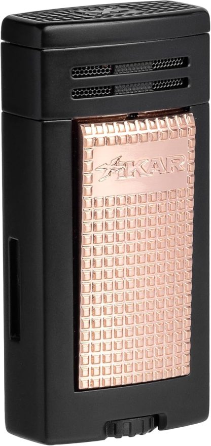 XIKAR® Ion Double-Jet Flame Cigar Lighter. with Textured Trigger Button and a Safety Mechanism. (Black/Rose Gold)